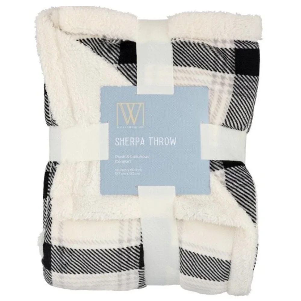 Wayland Sherpa Throw Plush Blanket Warm Soft Luxury Black White Plaid 50x60
